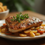 Filet de poulet au four doré et juteux dans un plat en céramique blanche, accompagné d’herbes fraîches et de légumes rôtis.