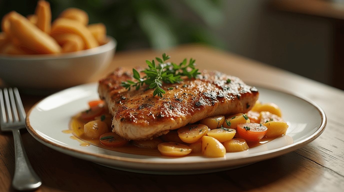 Filet de poulet au four doré et juteux dans un plat en céramique blanche, accompagné d’herbes fraîches et de légumes rôtis.